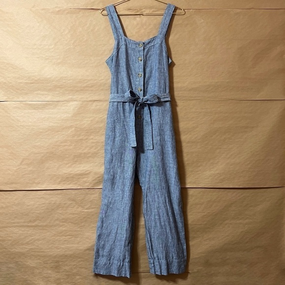 Everlane | The Linen Jumpsuit Button Front Wide Leg Tie Waist Stripe Size 4 - Picture 1 of 14